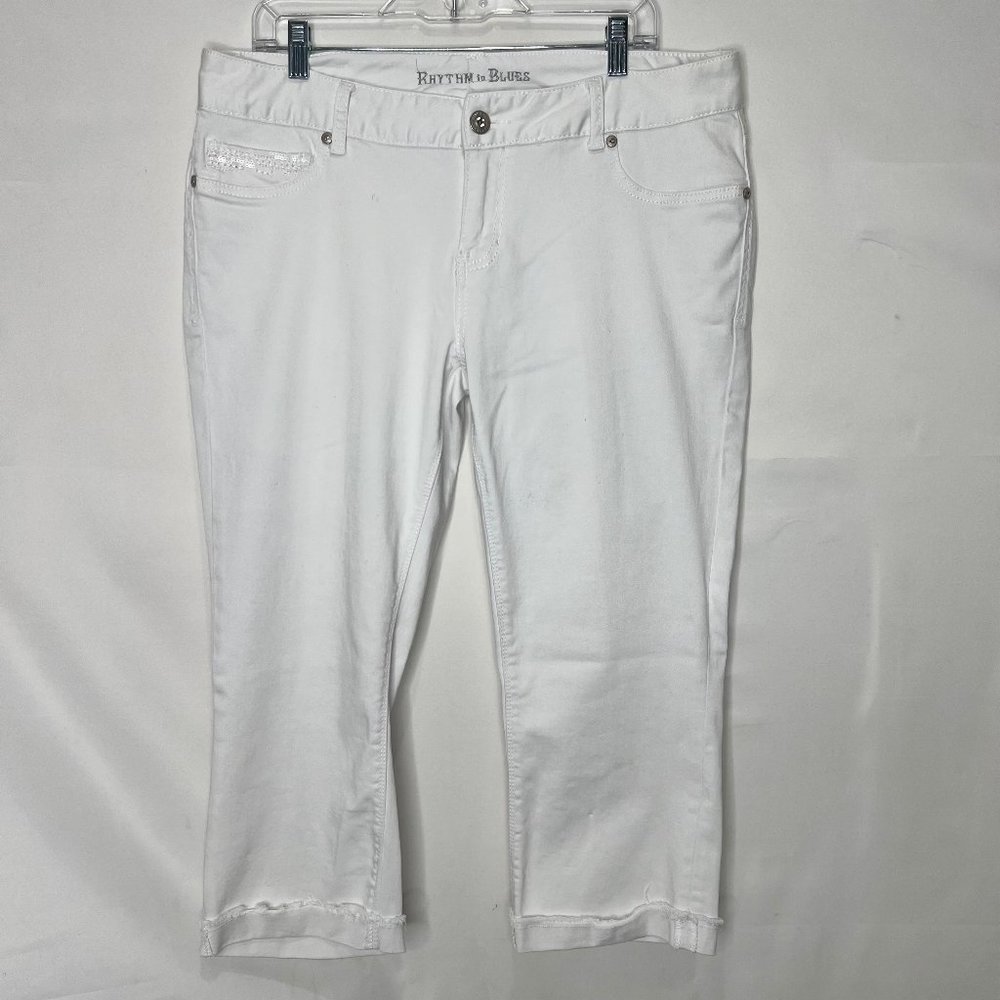 Rhythm In Blues Women’s Jeans Size 14 White Cropped Cuffed Raw Hem Bling